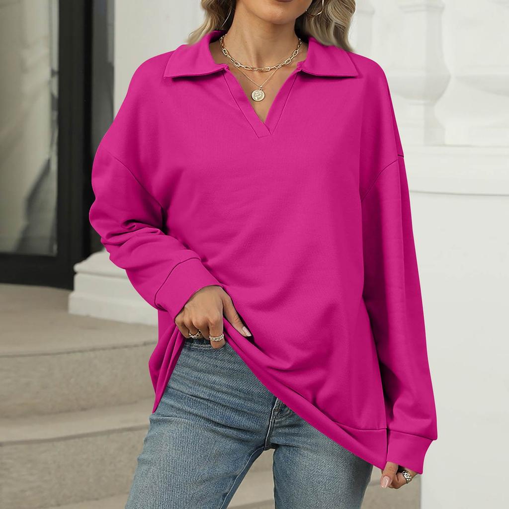 Women's Fashion Oversized Solid Color V-Neck Sweatshirt Long Sleeve Casual Top