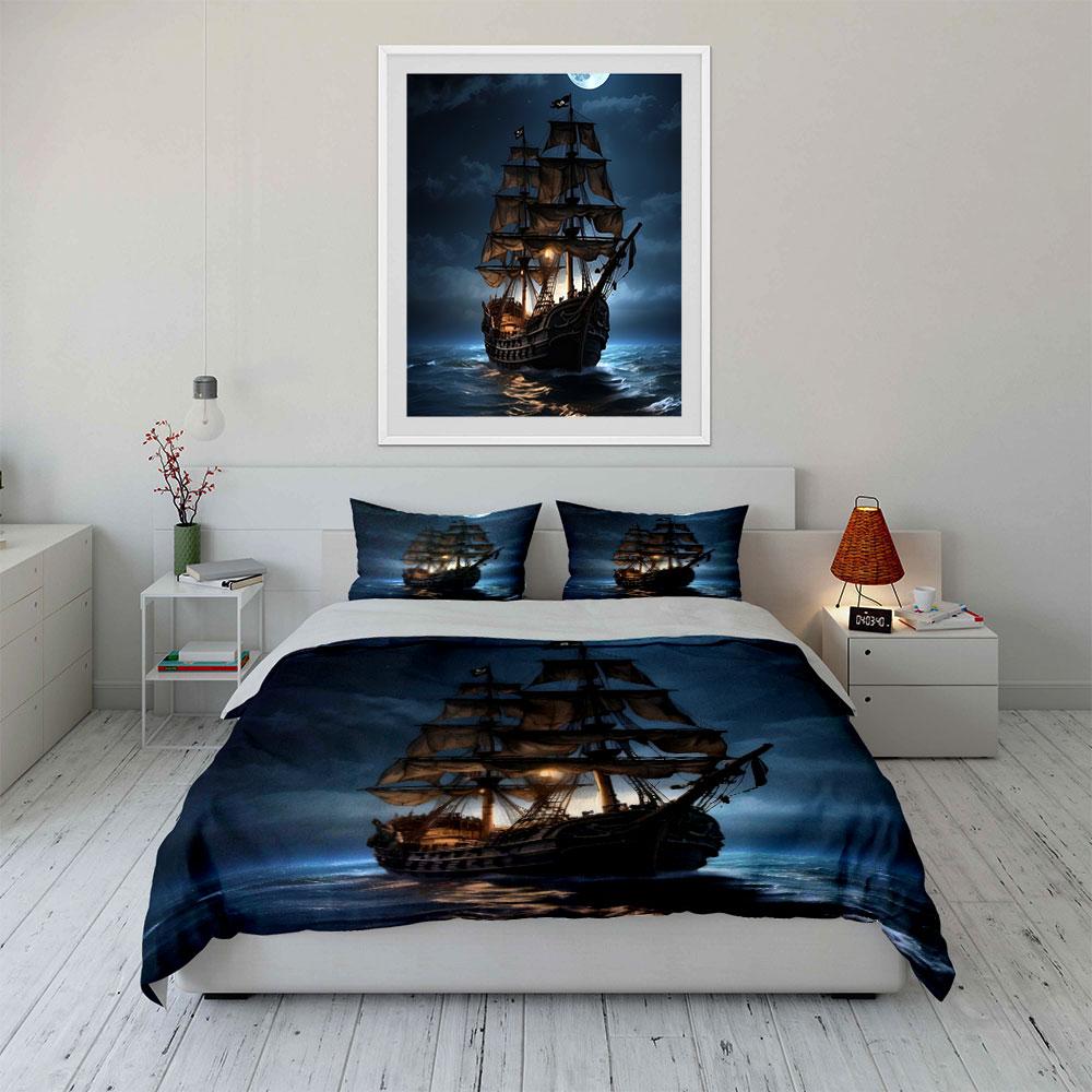 Pirate Ship Night Canvas Art Soft Comfortable Duvet Cover Bedding Set Included 1*Duvet Cover & 2*Pillowcases, Gift