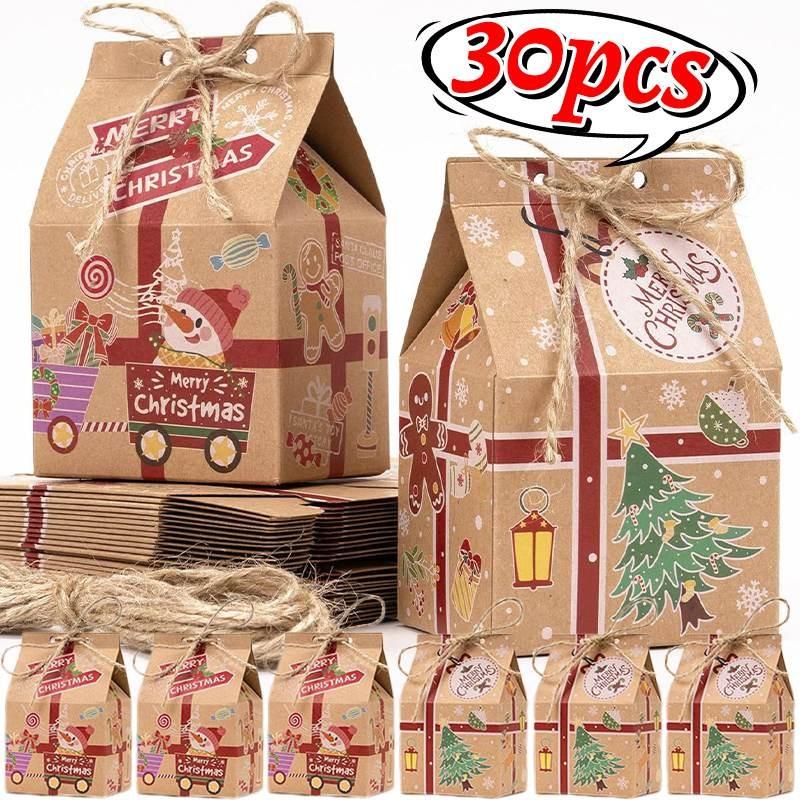 30/1PCS Christmas Kraft Paper Gift Bags Candy Cookie Snack Packaging Box Xmas New Year Party Home Decoration Wrapping Supplies