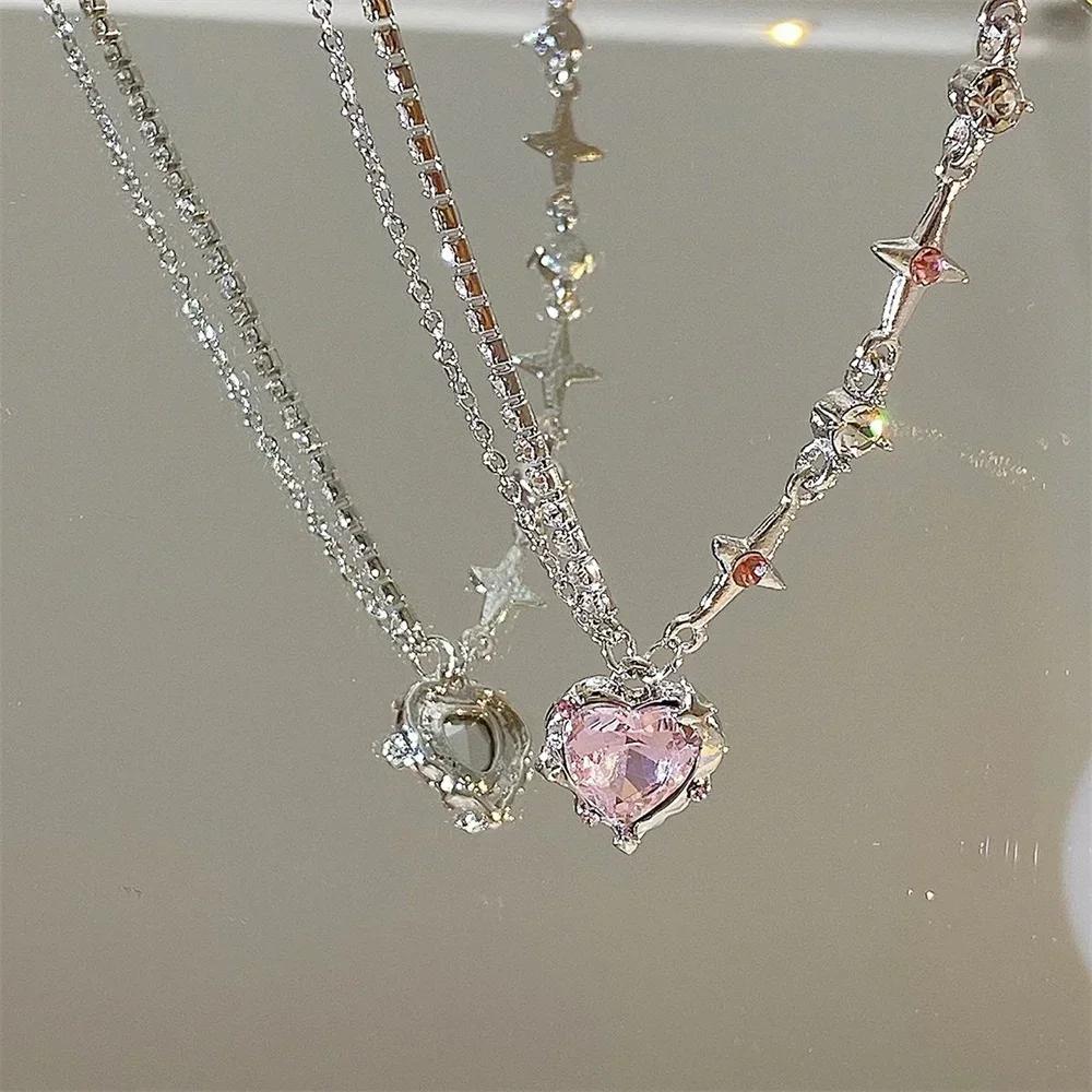 

SUMENG Crystal Heart Pendant Necklace Sweet Cool Girl Punk Shiny Clavicle Chain for Women Fashion Jewelry Gifts