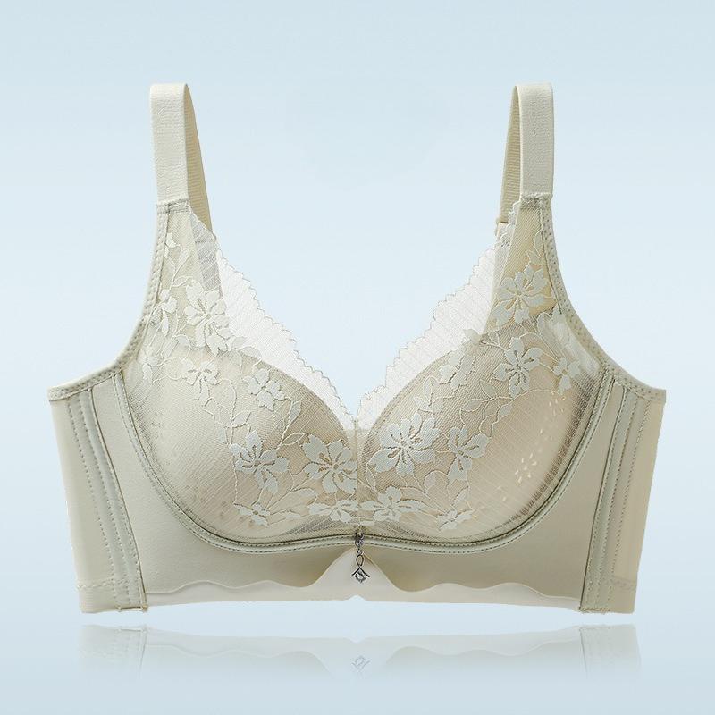 Breezy Light Luxury Lace Perforated Cup Bra, Lightweight Breathable Push Up Side Gathering Women Bra