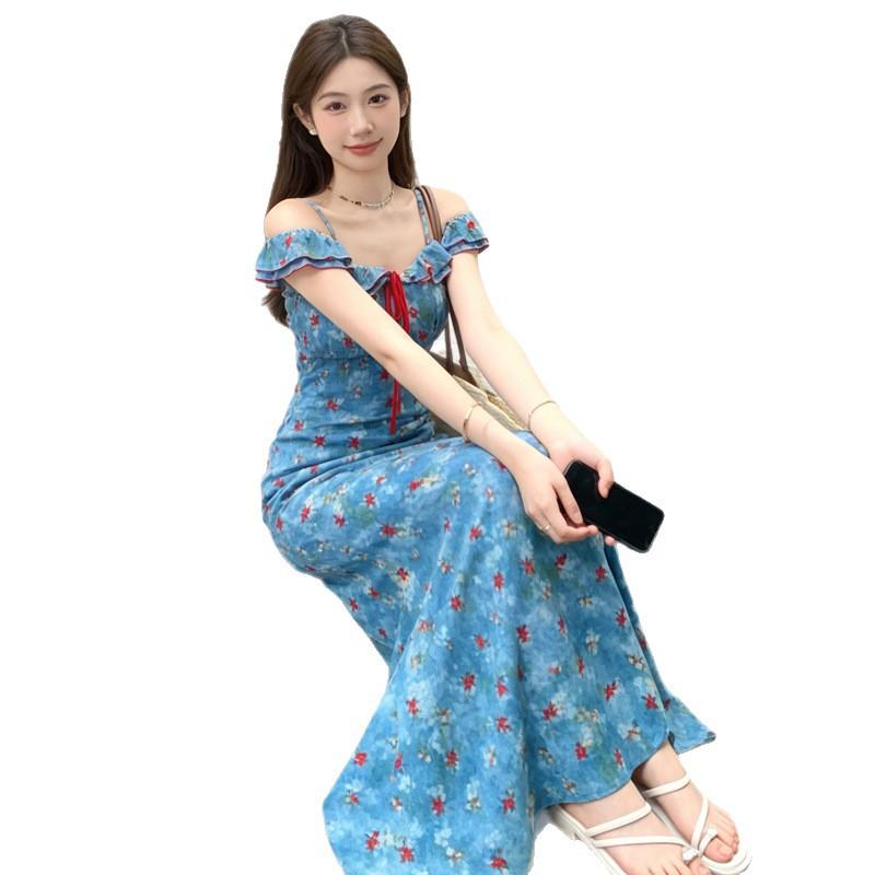French Retro Blue Background Safflower Floral Dress for Women's Summer, One-word Shoulder Ruffle Edge, Waist and Thin, Fish Tail and Buttocks