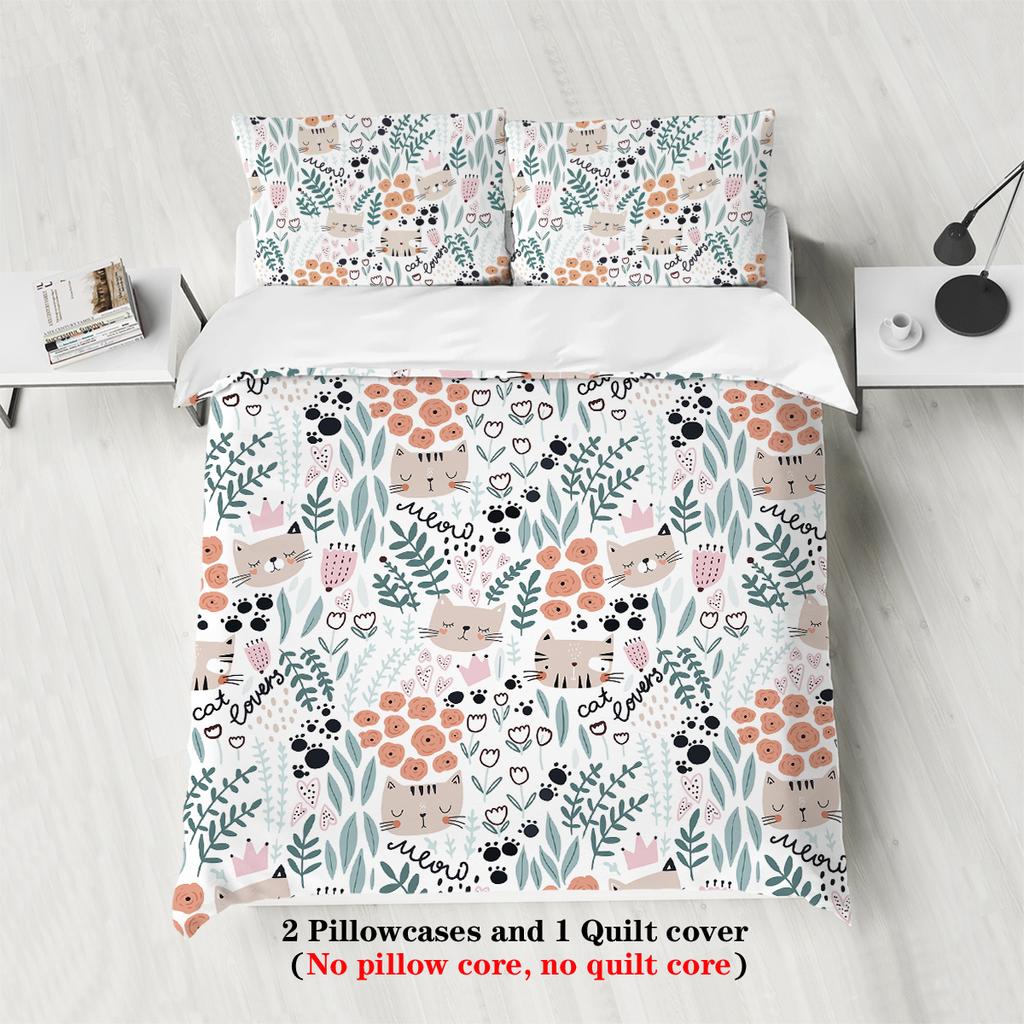 3pcs Cartoon Cute Cat and Plants Pattern Printed Bedding Set, 1*duvet Cover+2*pillowcase, Suitable for Girls Bedroom, Queen Bed