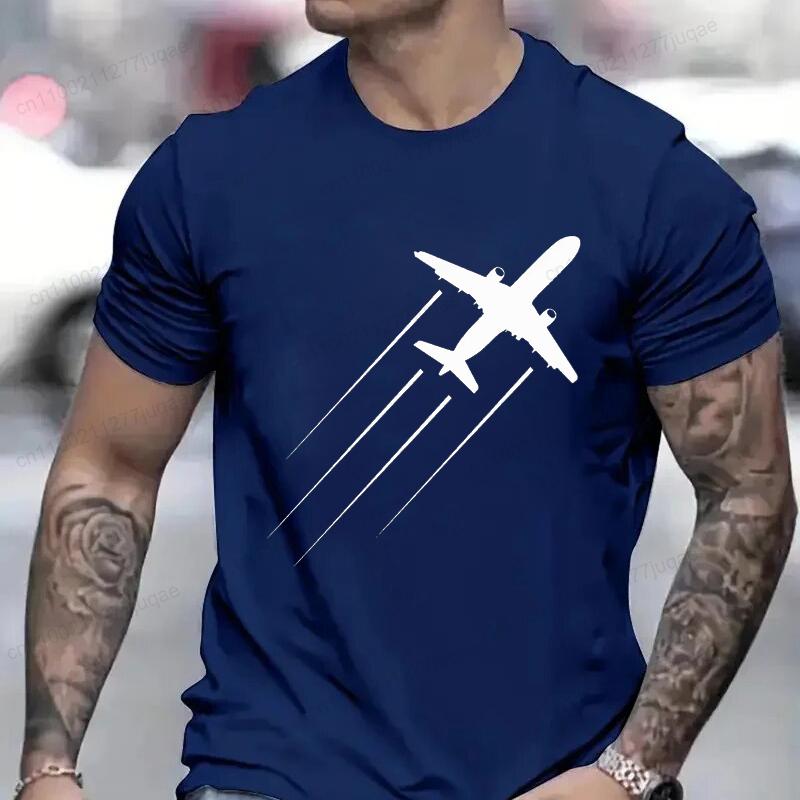 Men's Summer T-Shirts Fashionable Casual Sports Loose Airplane Pattern 3D Printed Tee Neck Short Sleeved Top
