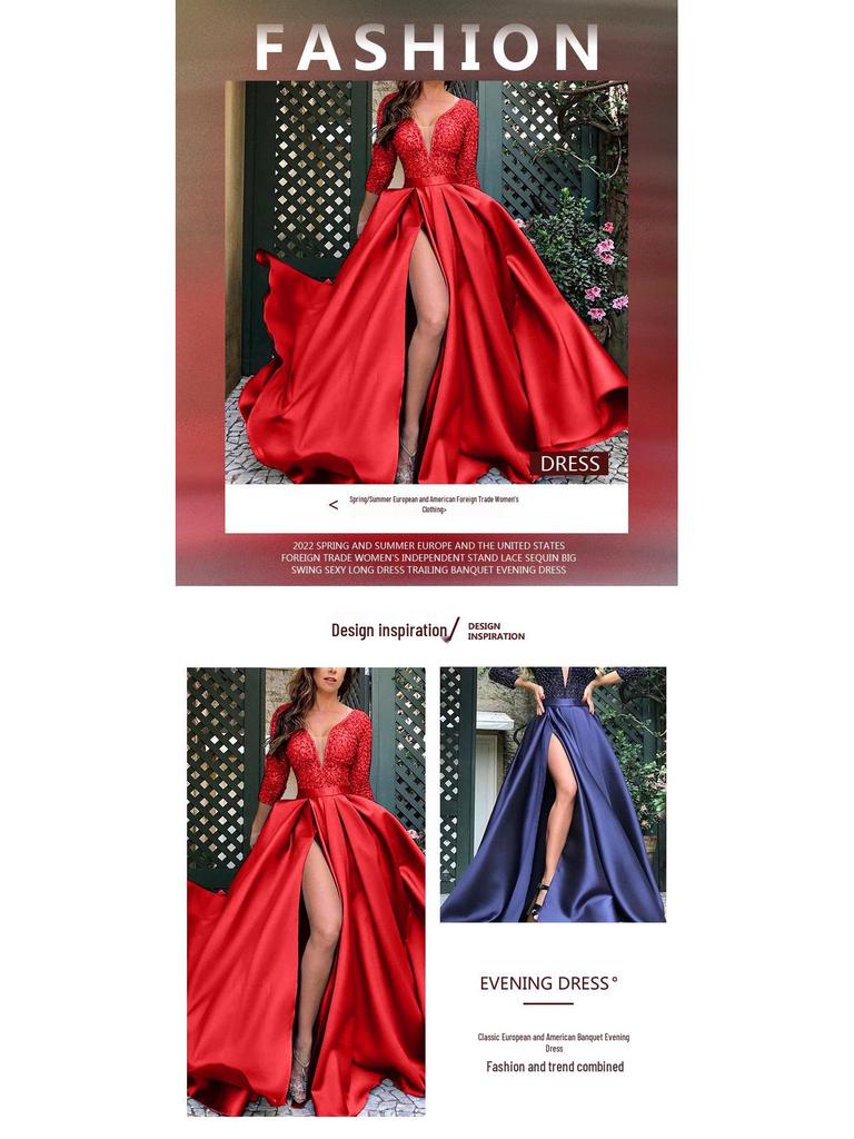 2025 Spring/Summer Women's European and American Lace Sequin Evening Gown with Train