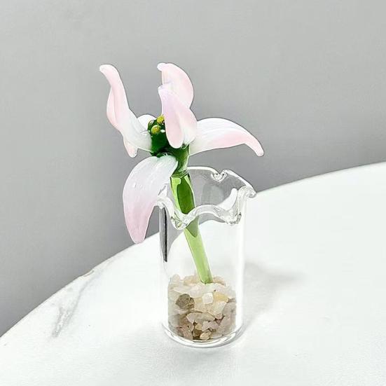 Ručně vyrobená skleněná dekorace z orchideje, ručně foukaná mini květinová ozdoba se stonkem, barevná květní figurka do domácnosti, kanceláře, interiéru...