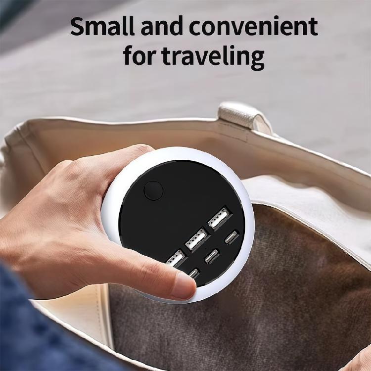 Desktop USB Power Hub with 3Prong Plug, 3 USB-A 3 USB C Port, ClicksControl Night Light, 9x5cm Retractable Cable Body