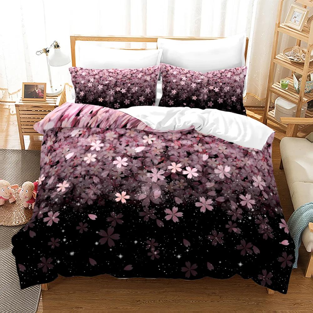Flowers Queen Bedding Set 3D Print Singlesided Printed Comforter Plant Leaves Romantic and Warm Duvet Bedding Cover For Girls