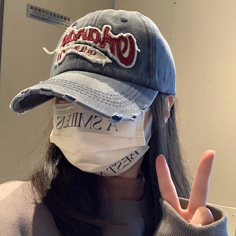 American Retro Old Baseball Cap Women's Big Head Wash Ripped Denim Wide Hat Brim Baseball Cap Showing Face Small Hat