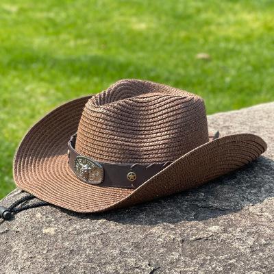Big Eaves Western Cowboy Hat Men's Summer Travel Photo Tibetan Ox Head Straw Hat Women's Outdoor Sun Protection Hat