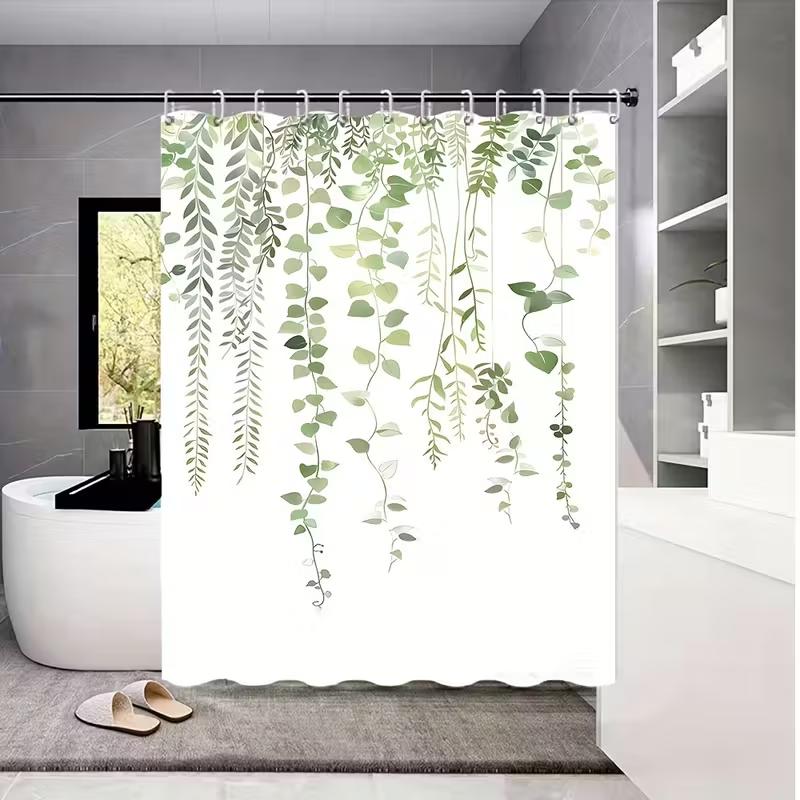 VIKAMA Nordic Fresh Green Leaf Shower Curtain Waterproof, Mould-Resistant Shower Curtain Light-Blocking Curtain Bathroom Decor