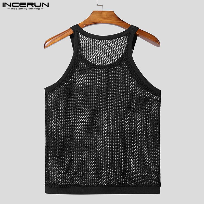 INCERUN Vară Bărbați Curea Fără Mâneci Decupat Plasă Transparentă Tricouri Tank de Plajă
