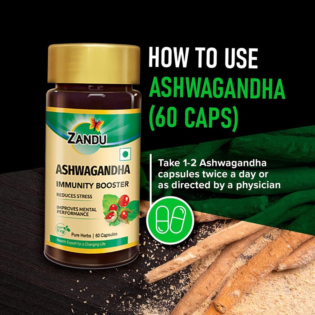 Zandu Ashwagandha 60 Veg Capsules 250mg | Pure Root Extract for Stress Relief, Immunity & Stamina, Rejuvenates Mind and Body