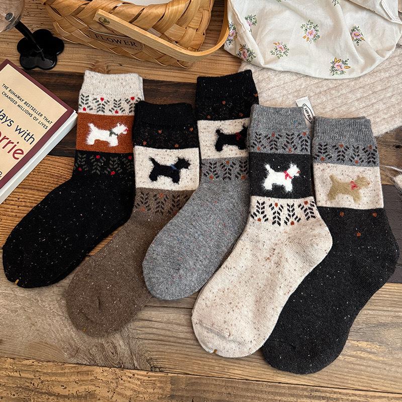1/5Pairs Cartoon Dog Pattern Women'S Socks Harajuku Breathable Autumn Winter Mid-Tube Socks Soft Christmas Gifts Stockings