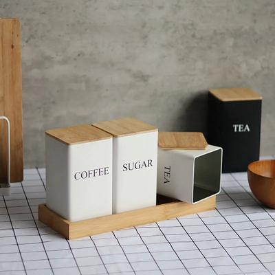 Coffee Bean Storage with Bamboo Lid, Simple Style Metal Tea Cans, Kitchen Supplies