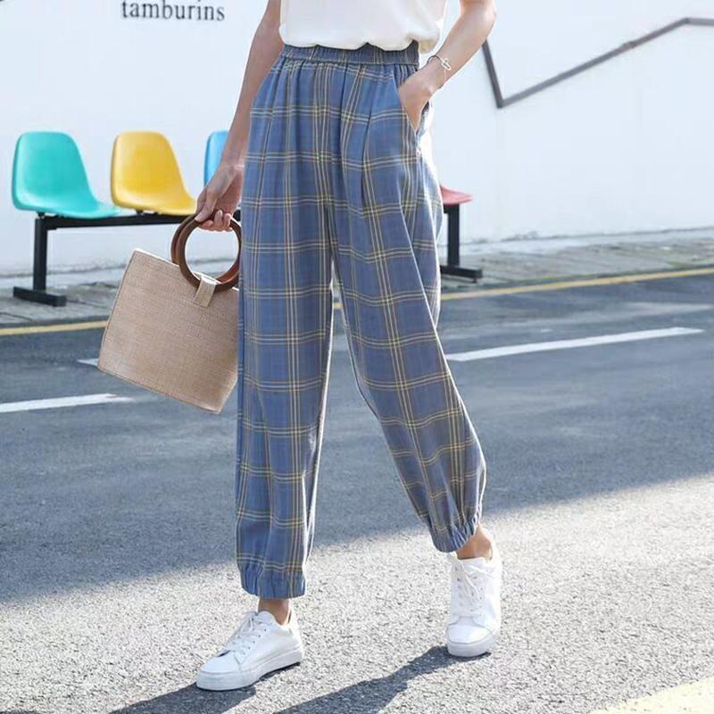 WTEMPO Plaid Pants Women Loose and Thin Elastic Waist Straight Casual Pants Size M-XXXXL