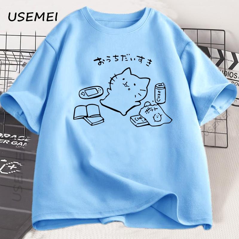

Japanese Style No Plan Cat Print T-shirt for Men Women Funny Cotton Short Sleeve Summer Loose Tshirt Kawaii Kitty Cat Lover Tees 4XL