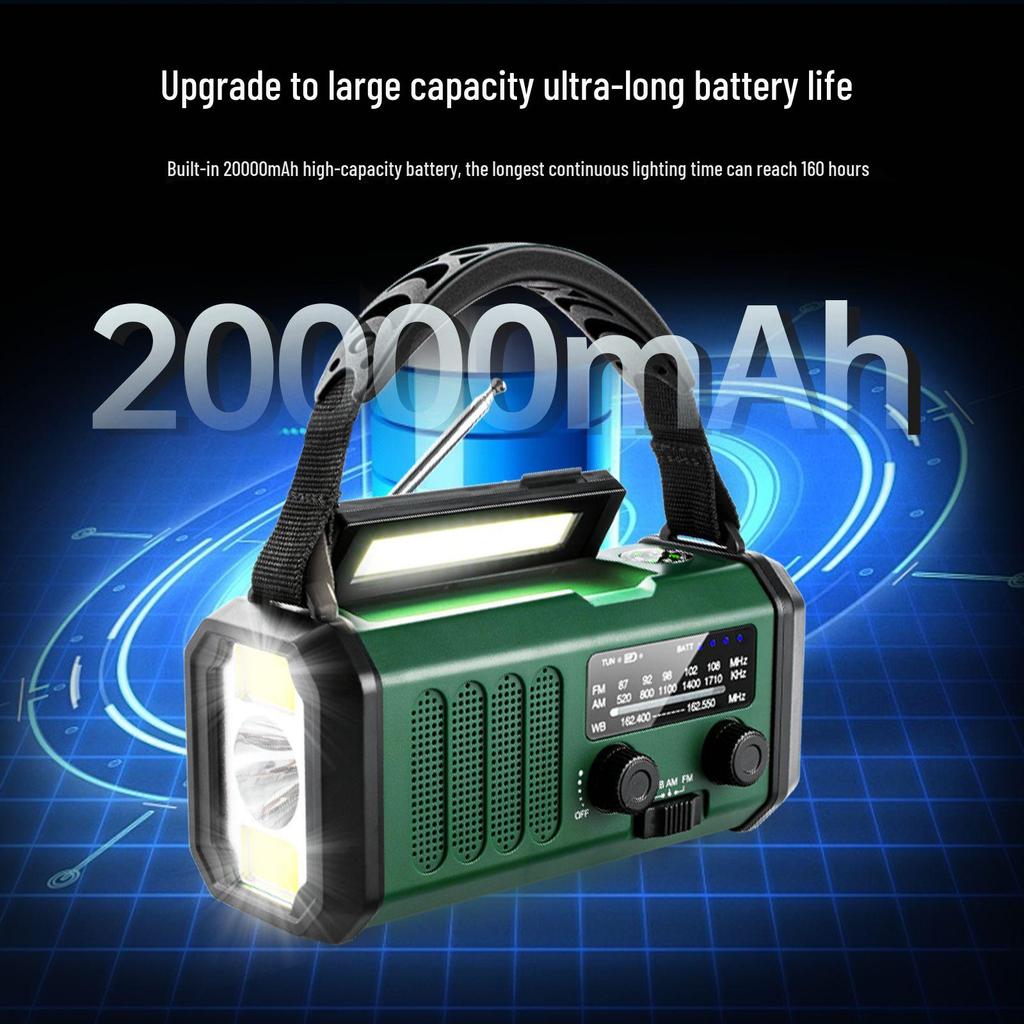 20,000mAh High-Capacity Hand-Crank Solar Radio with Flashlight, Reading Light, and SOS Emergency Alert.