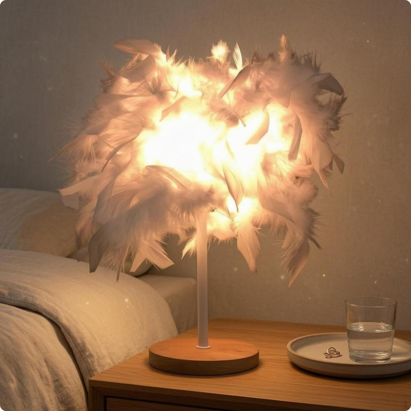 Feather Table Lamp Decorative Bedside Corded House Lighting for Tabletop White Wood Usb