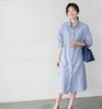 Spring and Autumn New Korean Version Versatile Loose Medium and Long Over Knee Long Sleeve Striped Shirt Skirt Women