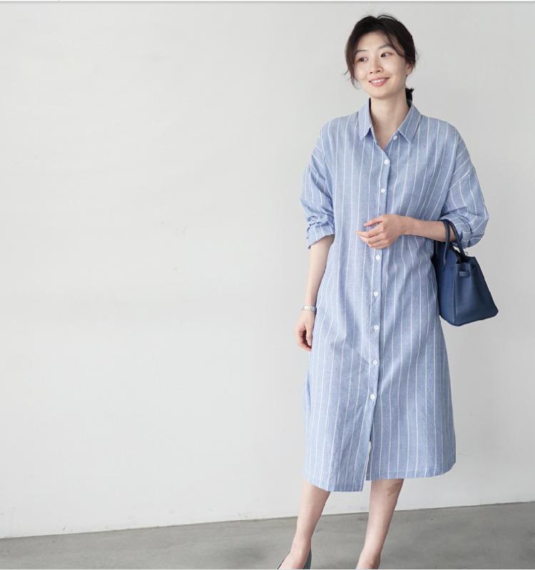 Spring and Autumn New Korean Version Versatile Loose Medium and Long Over Knee Long Sleeve Striped Shirt Skirt Women