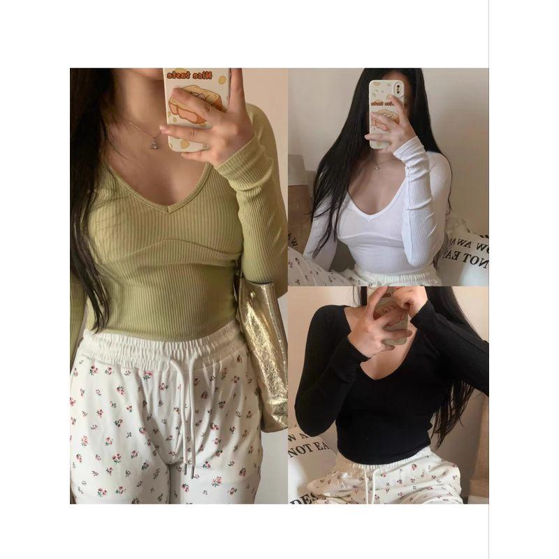 

@ Export Single American Retro Large V-neck Short Thread Cotton Long Sleeves Tops T-shirt C229 White (flawed L