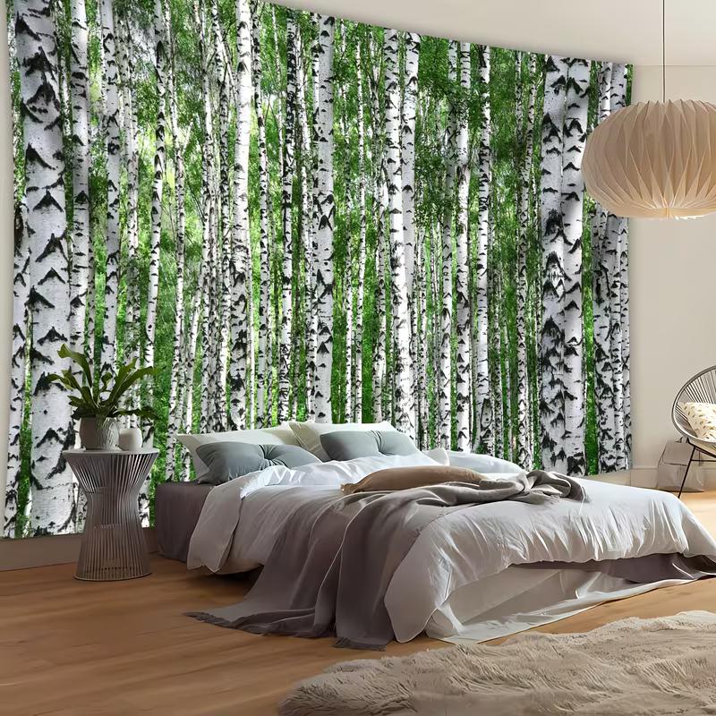 2D Frisch-Birkenwald-Wandteppich, Hoher Weißer Birkenbaum Wandbehang, Grüne Naturlandschaft Dekor