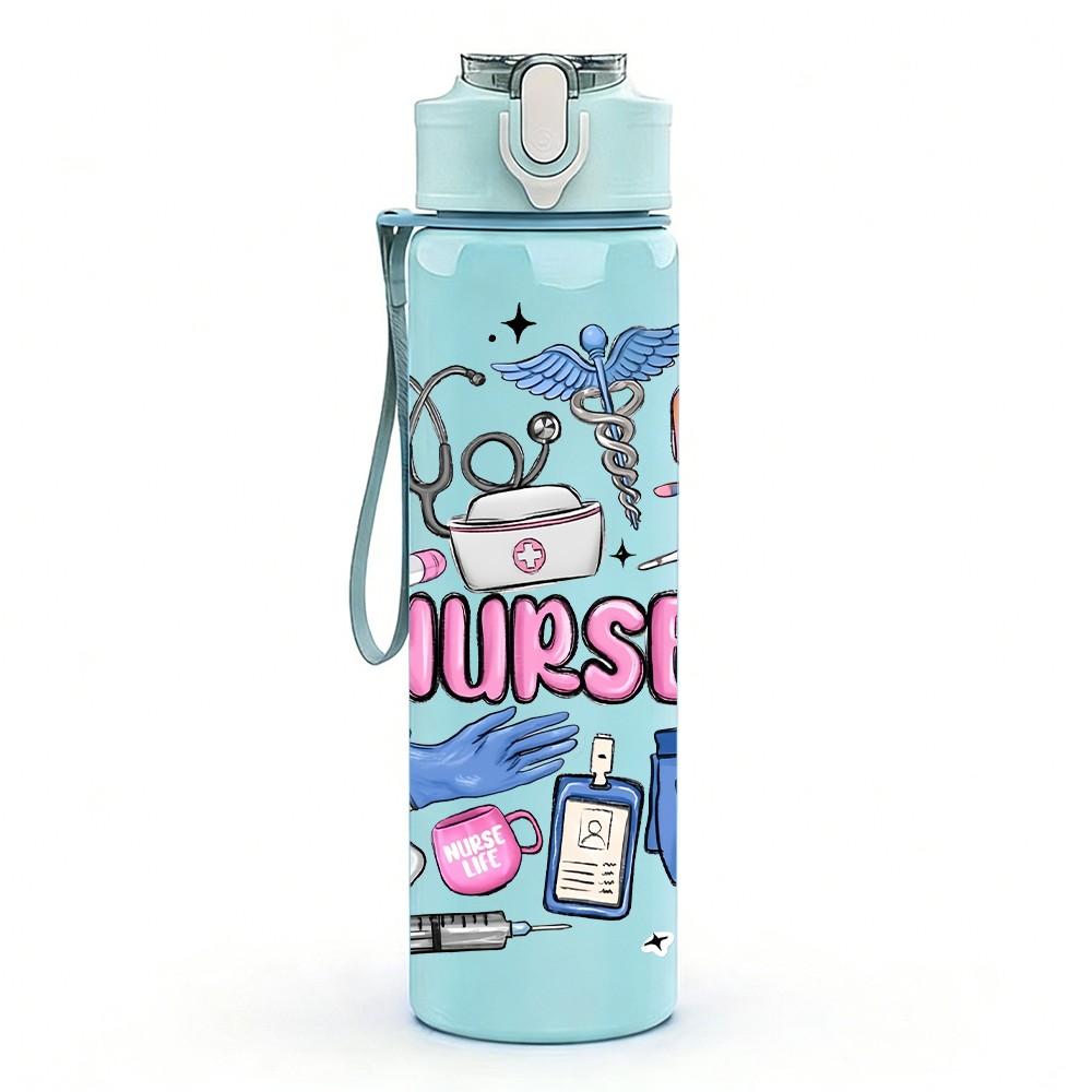 1PC Messy Nurse Work Doodle Cartoon Print 750ml Color Plastic Sports Water Bottle Leakproof Flip Straw Lid Suitable for Sports Office Home Use