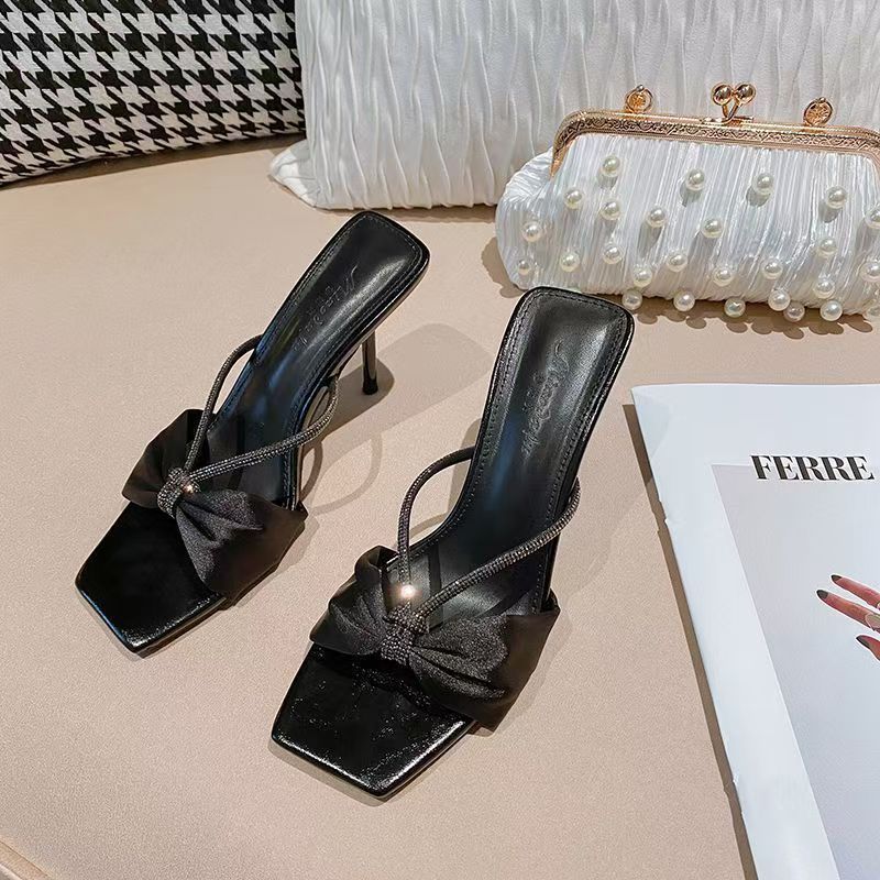 Fashion Purple Satin Rhinestone One-Strap Sandals for Women 2025 Summer New Bow Open-Toe Thin High-Heeled Slippers Casual Fashion Slides