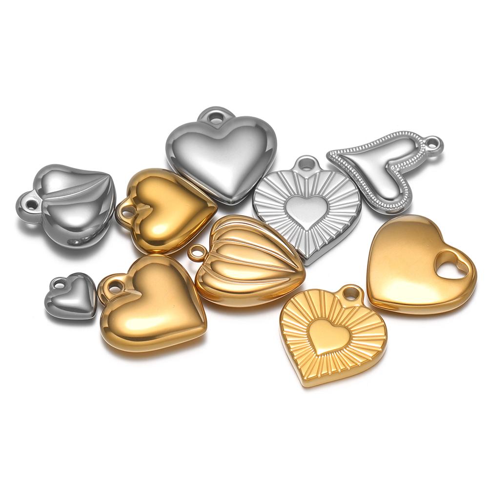 5pcs Stainless Steel New Fashion Three-dimensional Heart Charms Pendants PVD Gold Plated Necklace Homemade Bracelet DIY Jewelry