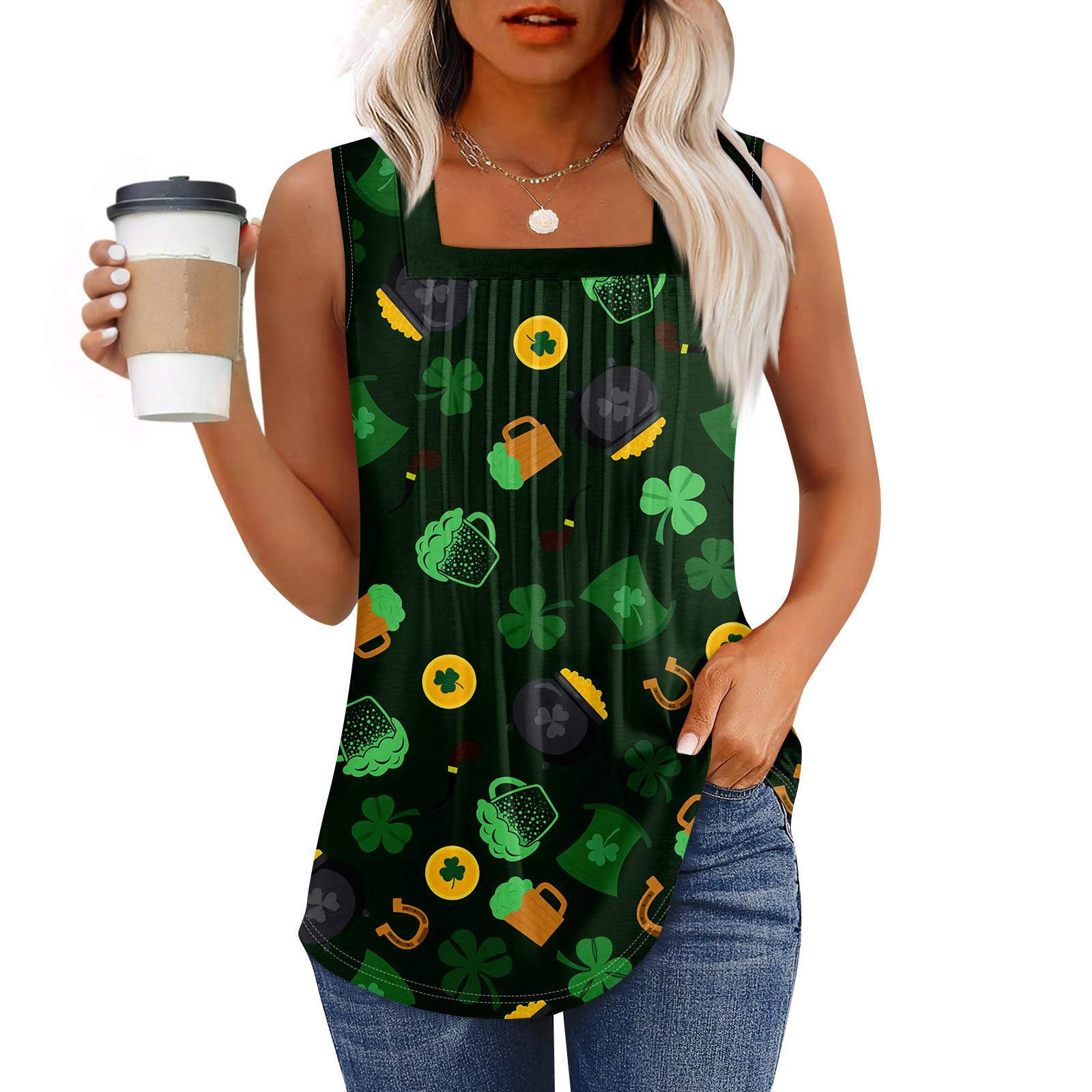 

Майка для женщин летние наряды без рукавов St. Блузки с принтом ко Дню Святого Патрика, свободные рубашки в складку, квадратный вырез L армия зеленый