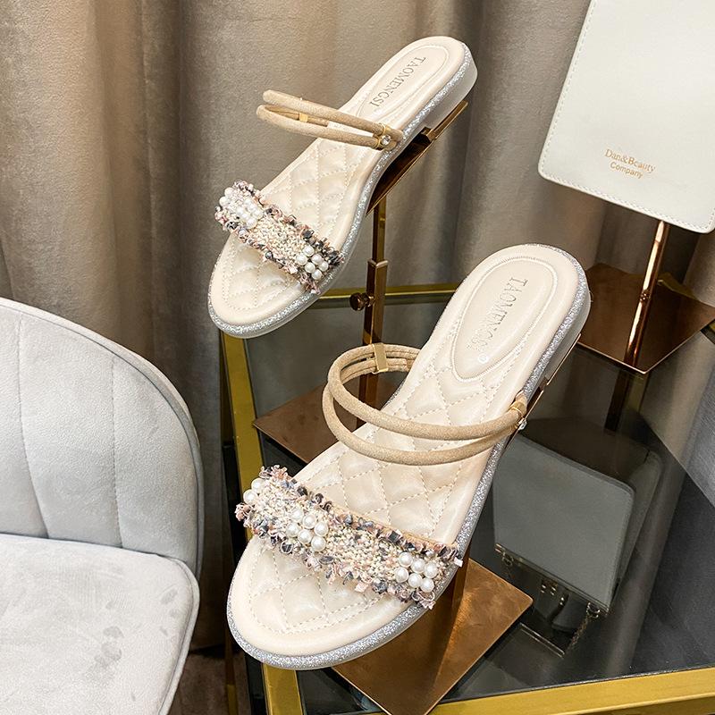 

888-4 сандалии женские для улицы 2025 лето новые на плоской подошве прохладные шлепанцы женские жемчужные прозрачные сандалии большой размер 33 абрикосовый