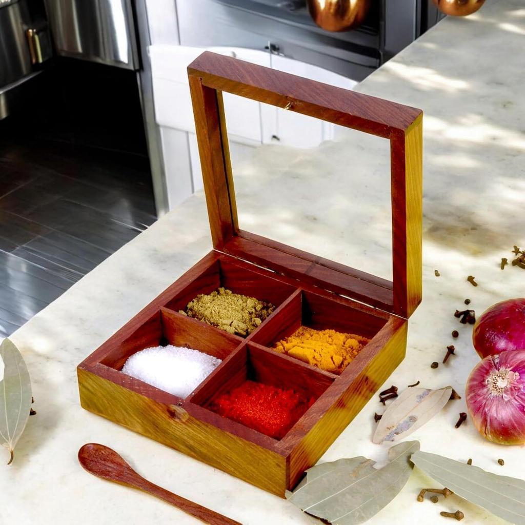 Wooden Spice Box with 4 Partitions & Spoon, Spice Container for Kitchen, Masala Dabba, Namakdani for Kitchen