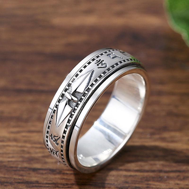 S990 Pure Silver Rotating Kylin Ring with Six-Character Mantra and Artistic Retro Design.
