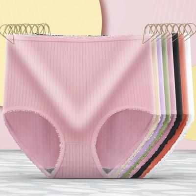 Majtki damskie plus size w paski z koronką z wysokim stanem - Jedwab mleczny kontrola brzucha