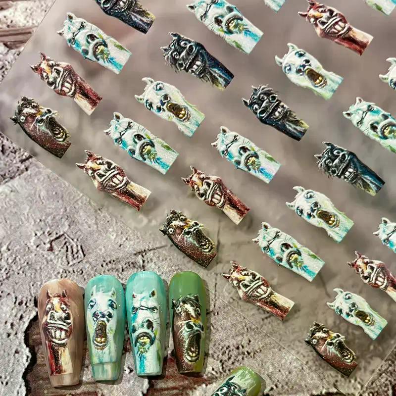 Cute Horse Bowknot Pony Nail Art Sticker Cartoon Lion Dance Manicure Decal New Year DIY Nail Art Decoration