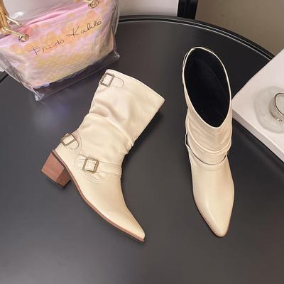 Cowhide Version~ Retro White Western Cowboy Boots Women's 2025 New Versatile Skirt Inner Height-increasing Short Boots