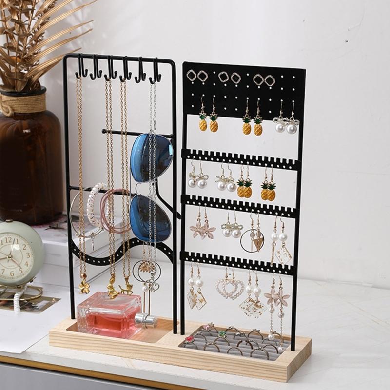 Elegant Jewelry Display Stand Multitier Necklace Holder and Sturdy Earring Organizers with Natural Wood Base Designs