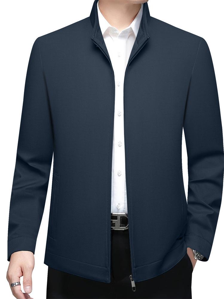 2026 Spring Men's Solid Color Stand Collar Zipper Jacket - Long Sleeve Business Casual Coat for Dad Trend.