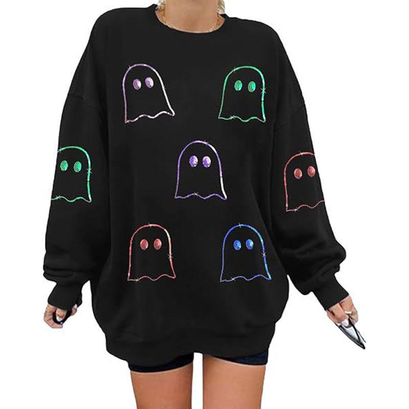 Hallowmas Ghost Print Long Sleeve Sweatshirt Women Crew Neck Oversized Pullover Top