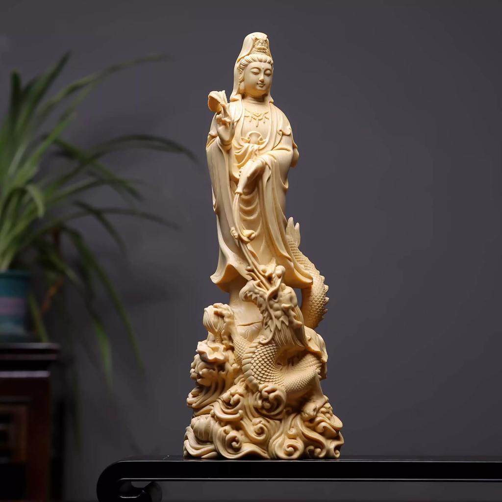 Wooden Buddha Statue [Kannon Statue, Dragon-Riding Kannon, Dragon Kannon] 30cm, Made of High-Quality Cypress Wood, Good Fortune, Protection from Evil,