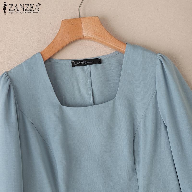 ZANZEA Women Summer Square Collar Casual Solid Color 3/4 Sleeve Blouse