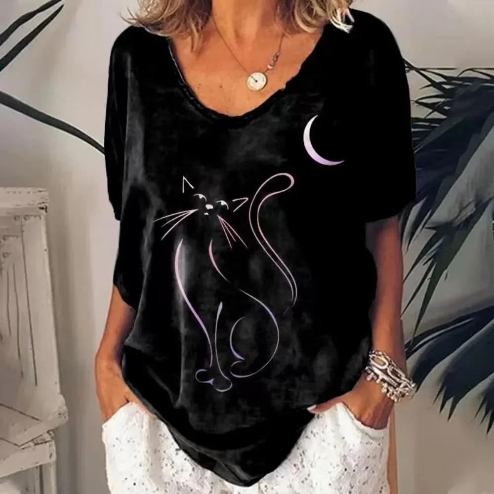 Retro frauen T Shirt Anime Katze Grafik Mädchen Kleidung Sommer V-ausschnitt Kurzarm Tees Weibliche Harajuku Streetwear Übergroße Bluse