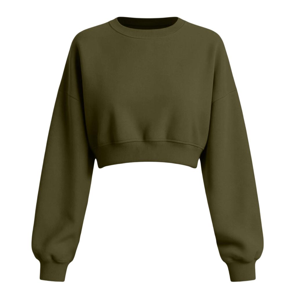 Women's Cropped Pullover Sweatshirt with Oversized Round Neck and Long Sleeves for Casual Wear