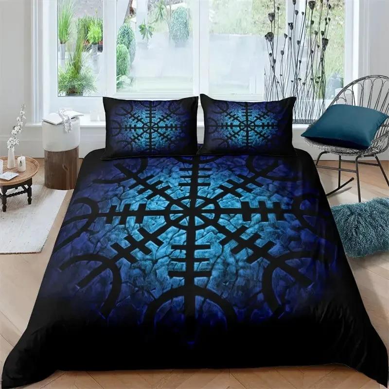 Viking Duvet Cover Set KingQueen Size Slate Blue Mjolnir Pattern Bedding Set Northern Germanic Culture Polyester Quilt Cover