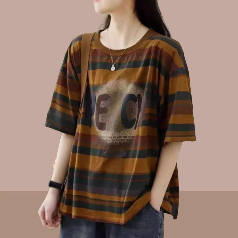 Women's Fashion O-Neck Printed Letter Striped T-Shirts Clothing Spring Summer Loose Casual Tops All-match Tee Shirts