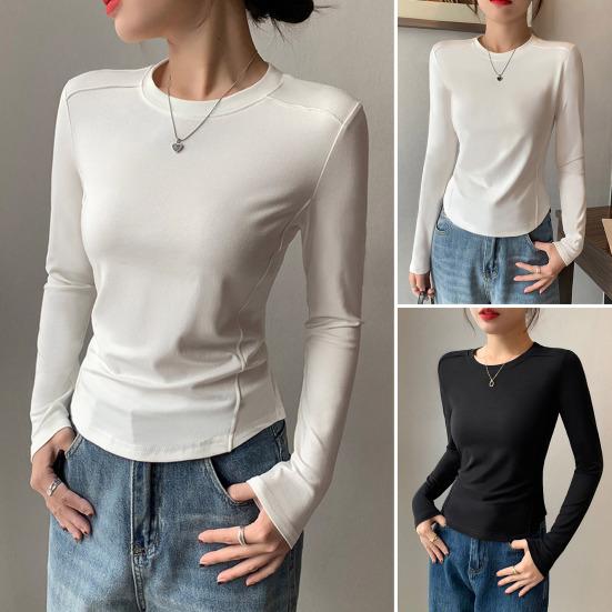 Women Bottom Tops Round Neck Long Sleeve Slim Fit Base Shirt Solid