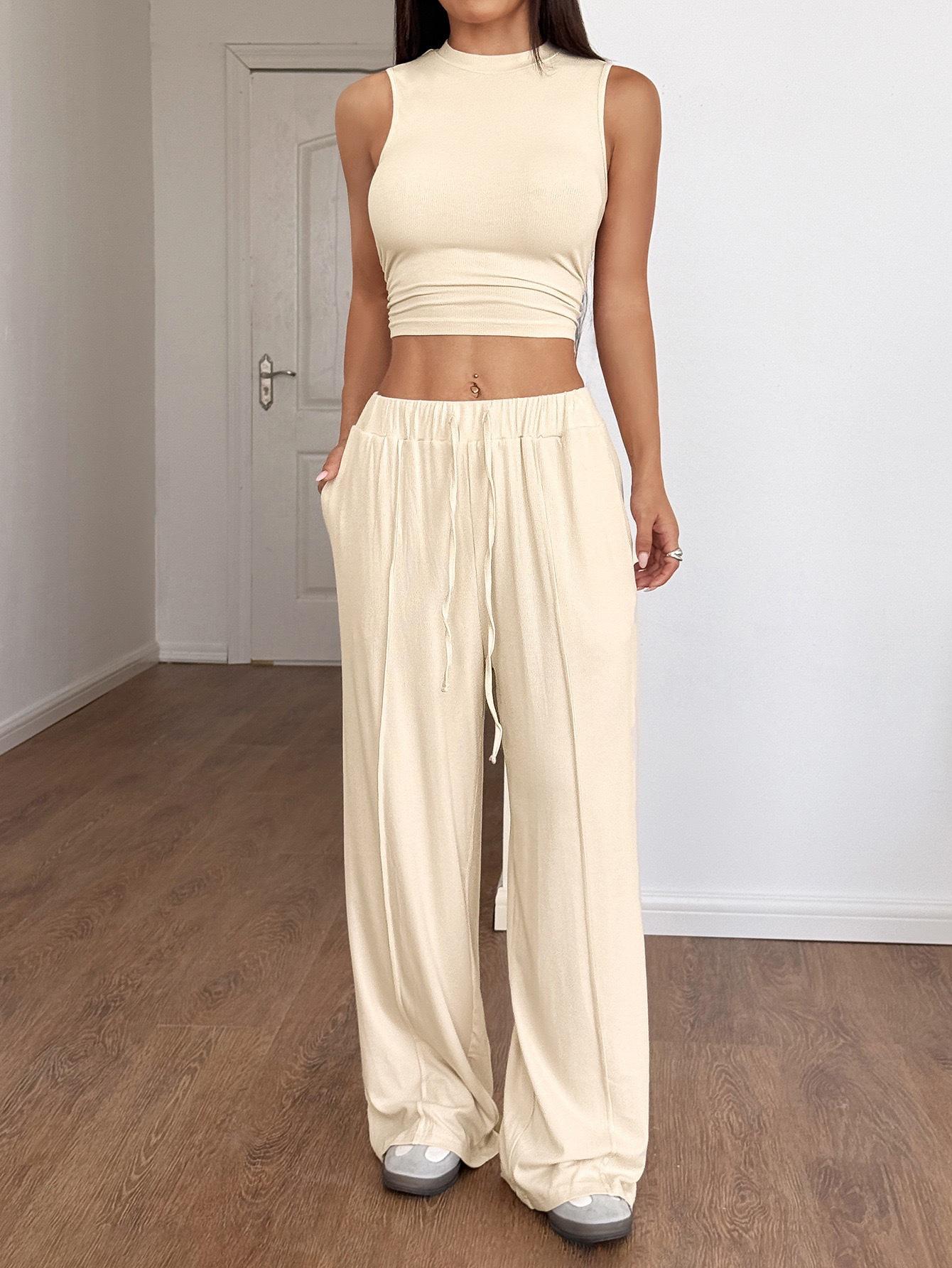 

Женский бежевый топ без рукавов с высоким воротом и укороченной длиной, в комплекте с брюками широкого кроя, повседневный наряд для отдыха XL абрикосовый