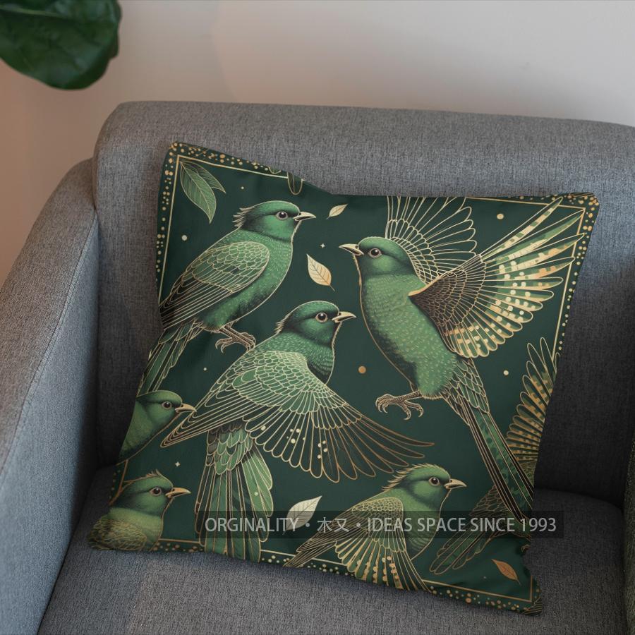 2D Elegant Green Birds Patterned Pillow Cover Pattern Cushion Cover Suitable For Sofa Bedroom Car Pillow Cover