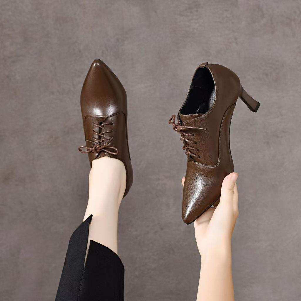 Pointed deep mouth single shoes women's autumn new lace-up stiletto women's shoes temperament sheepskin high heels